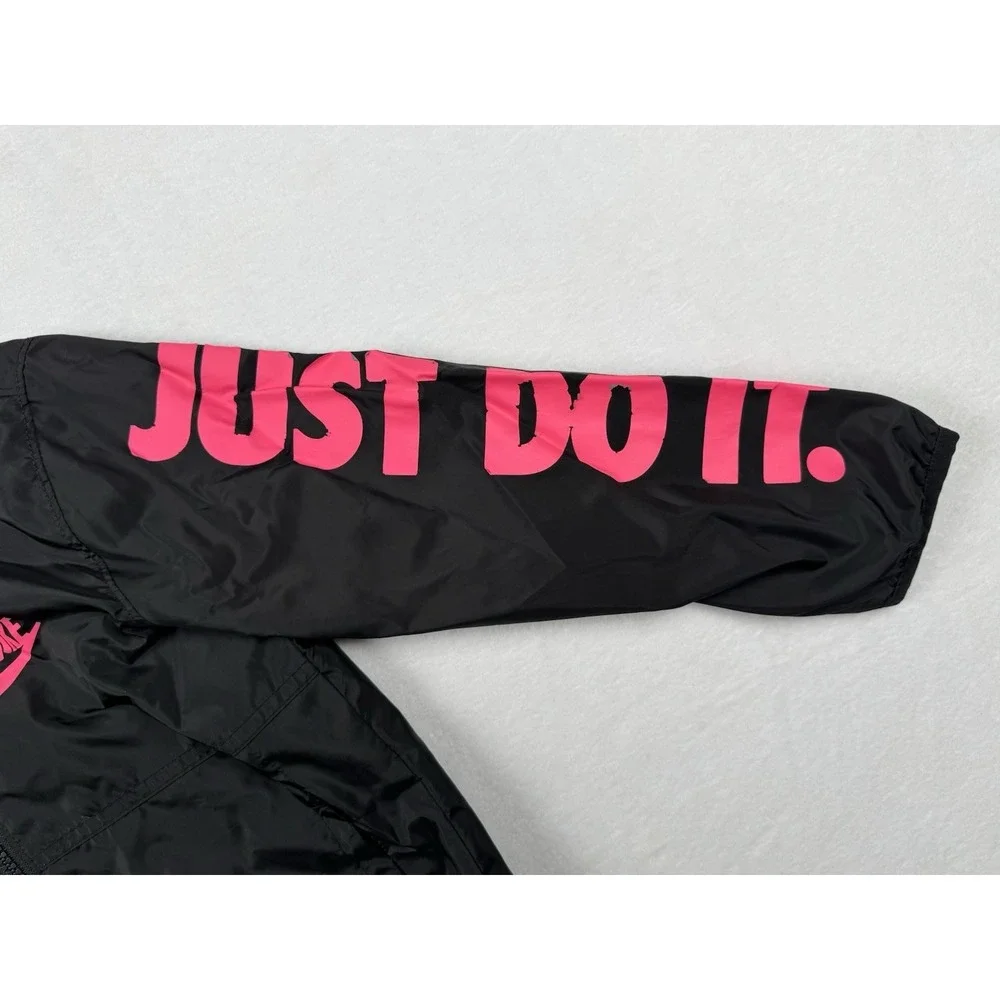 Nike Windbreaker Jacket Kids Size 6 Black Pink Just Do‎ It Full Zip Hooded
